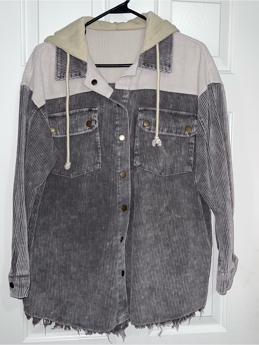 Corduroy Hooded Shacket in Gray and Cream